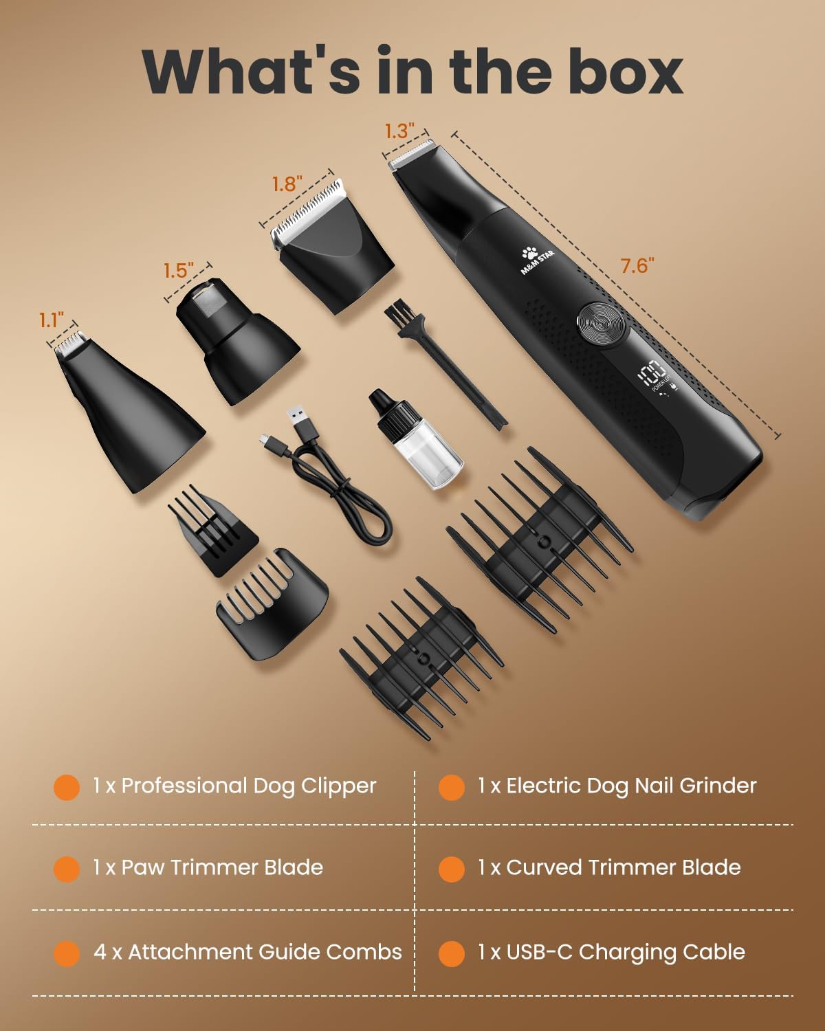 M&M STAR Dog Grooming Kit, 4-in-1 Dog Clippers for Grooming, Cordless Dog Hair Trimmer with Dog Paw Trimmer & Dog Nail Grinder, Low Noise Pet Clippers for Dogs Cats Face Ears Paws