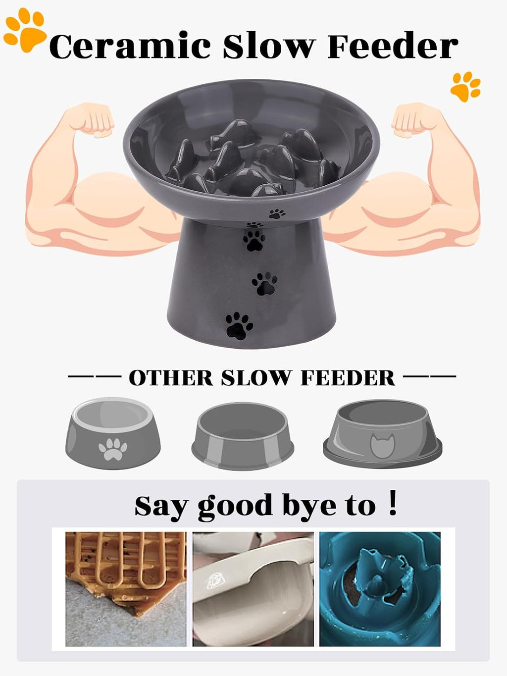 Y YHY Slow Feeder Cat Bowl, Ceramic Cat Slow Feeder Bowl, 6 Inches, Elevated, Anti Vomiting for Dry and Wet Food, Gray