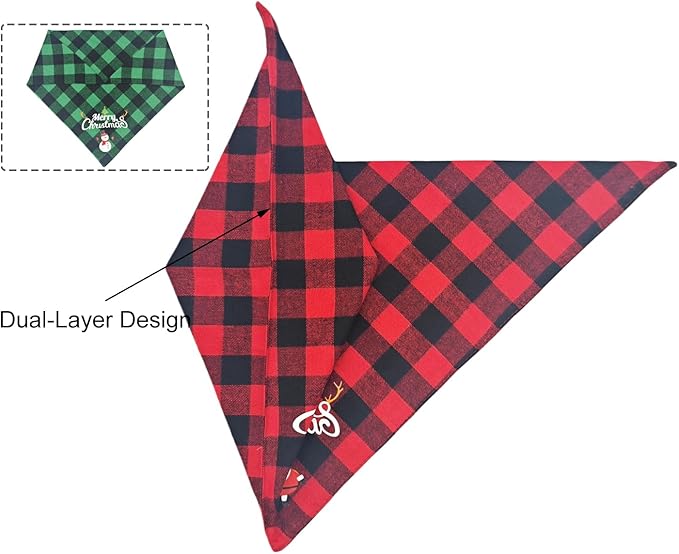 Christmas Dog Bandanas Classic Plaid Triangle Holiday Scarf with Santa and Snowman Print,Winter Pet Outfit for Boy and Girl Dogs,Red Green Plaid Dog Costume for Medium to Large Dogs