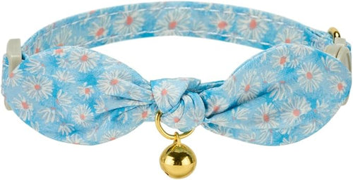 2 Pack Cotton Cat Collar, Removable Bowtie, Floral Pattern, Safety Breakaway Clasp, Adjustable for Cats.(Adult Cat, Blue Daisy and Floral)