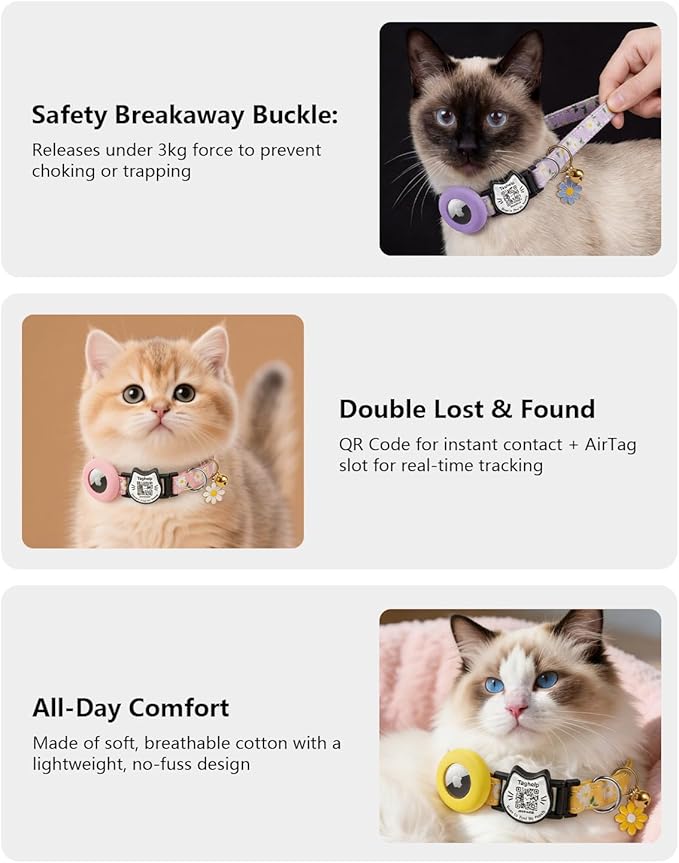 Cute Floral Breakaway Cat Collar with QR Code ID, Cotton Kitten Collar with Bell & AirTag Holder, Adjustable Safety Collar for Cats,Pastoral Style with airtag Holder(Pink)