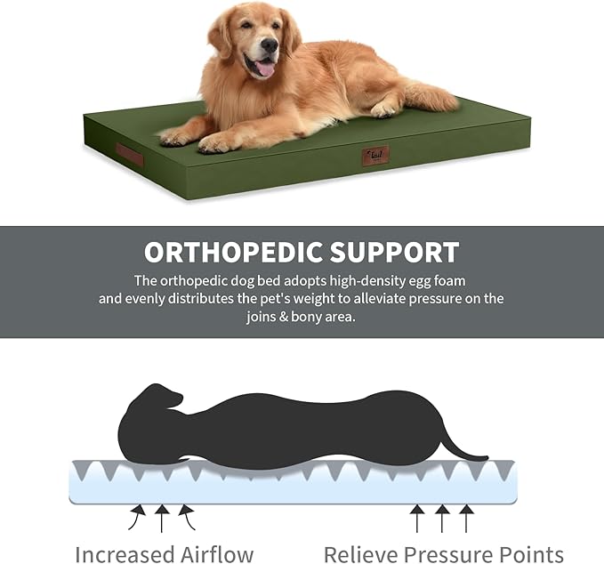 Outdoor Extra Large Dog Bed, Jumbo Waterproof Dog Bed for Large Dogs, Orthopedic Egg Crate Foam Pet Mat with Removable Oxford Cooling Cover, Amy Green
