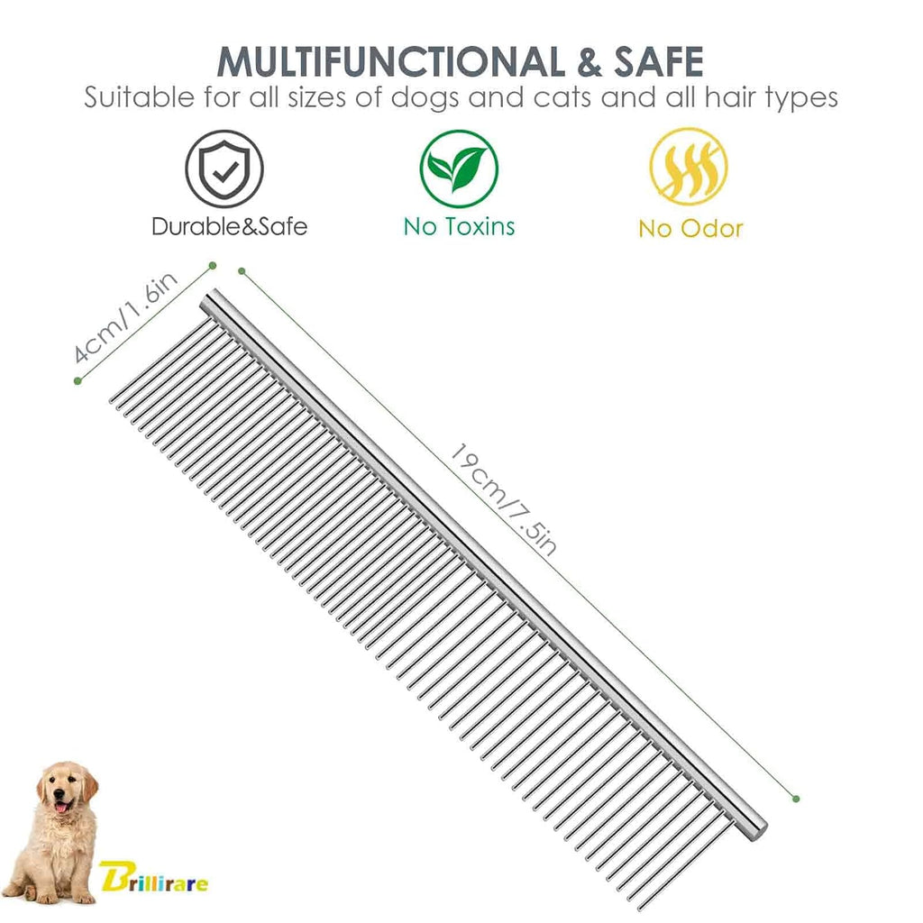 2 Pack Dog Grooming Comb Pet, Stainless Steel Cat Combs with Rounded Teeth, Professional Metal Tear Stain Remover, Dematting Tool for Small, Medium & Large Pets-7.5in