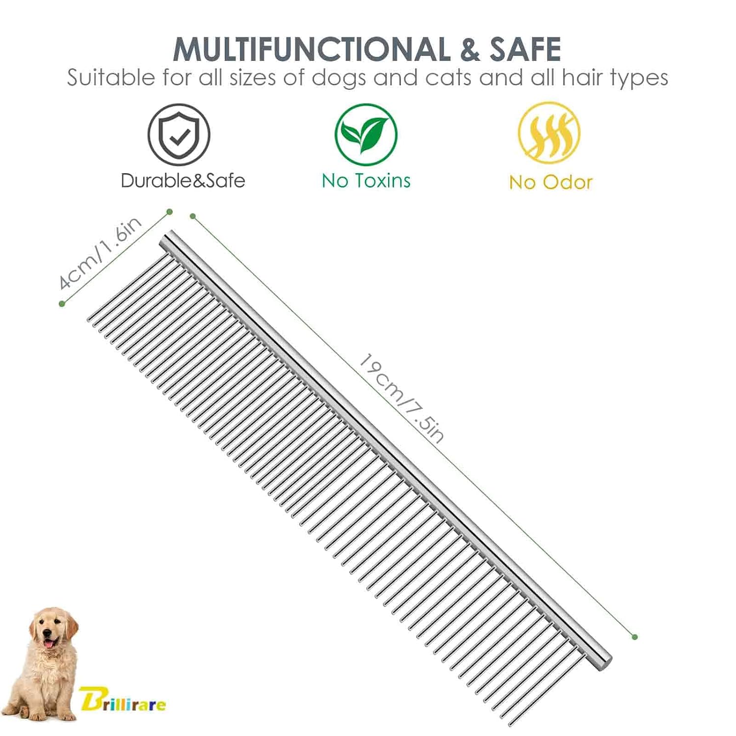 2 Pack Dog Grooming Comb Pet, Stainless Steel Cat Combs with Rounded Teeth, Professional Metal Tear Stain Remover, Dematting Tool for Small, Medium & Large Pets-7.5in