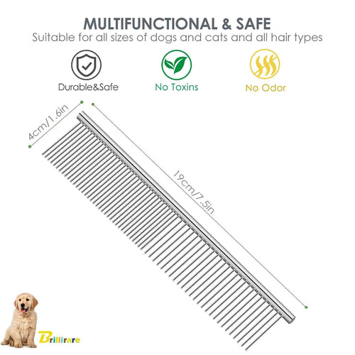 2 Pack Dog Grooming Comb Pet, Stainless Steel Cat Combs with Rounded Teeth, Professional Metal Tear Stain Remover, Dematting Tool for Small, Medium & Large Pets-7.5in