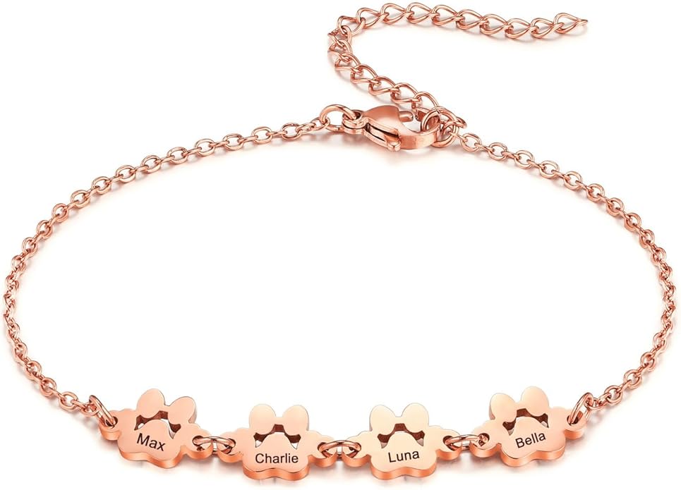 MeMeDIY Personalized Paw Print Bracelet for Women Engraved 1-5 Names Dog Cat Pet Paw Bracelet Adjustable Chain Dog Jewelry Memorial Gifts for Pet Lovers