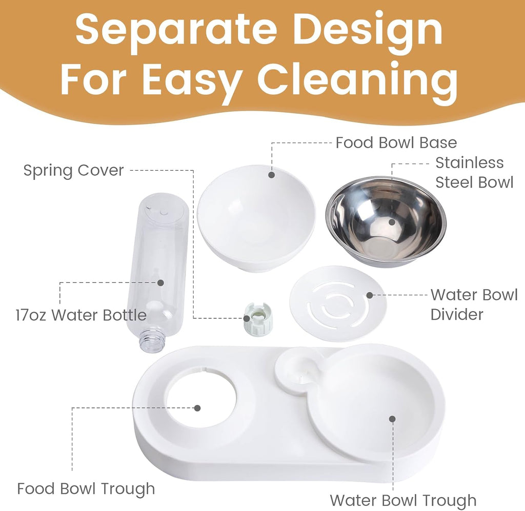 2 in 1 Elevated Dog Cat Bowls, 15°Tilted Pets Water and Food Bowl Set, Pet Feeding Bowls with Automatic Water Bottle and Feeding Mat for Kittens and Small Dogs, White