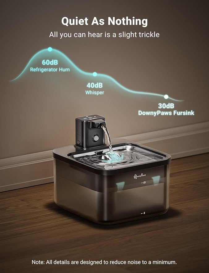 DownyPaws Cat Water Fountain Stainless Steel Cordless, 84oz/2.5L Fursink Wireless Pet Water Fountains for Cats Indoor, Battery Operated Cat Drinking Fountain, BPA-Free, Black with 6 Filters
