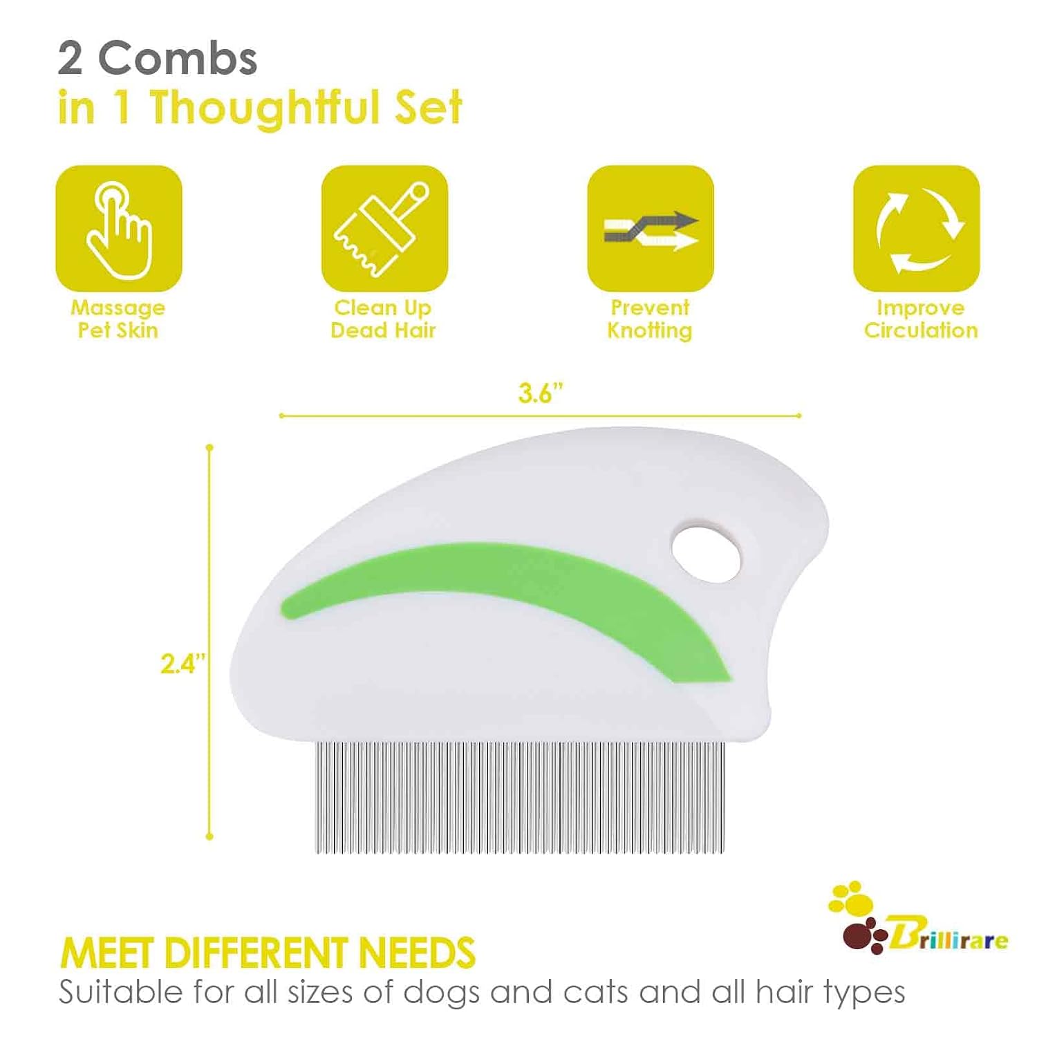 2 Pack Flea Lice Comb, Stainless Steel Dog Cat Grooming Combs with Rounded Teeth, Professional Pet Tear Stain Remover, Dematting Tool for Small, Medium & Large Pets