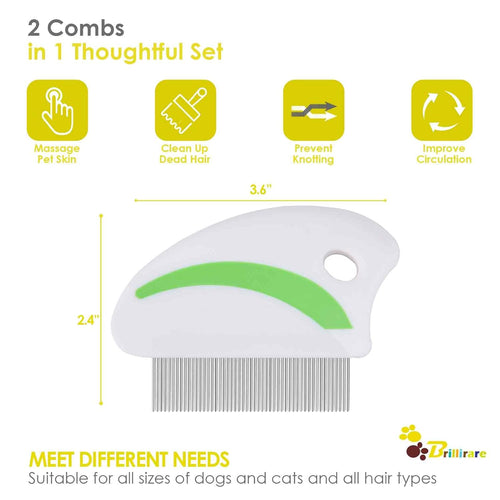 2 Pack Flea Lice Comb, Stainless Steel Dog Cat Grooming Combs with Rounded Teeth, Professional Pet Tear Stain Remover, Dematting Tool for Small, Medium & Large Pets