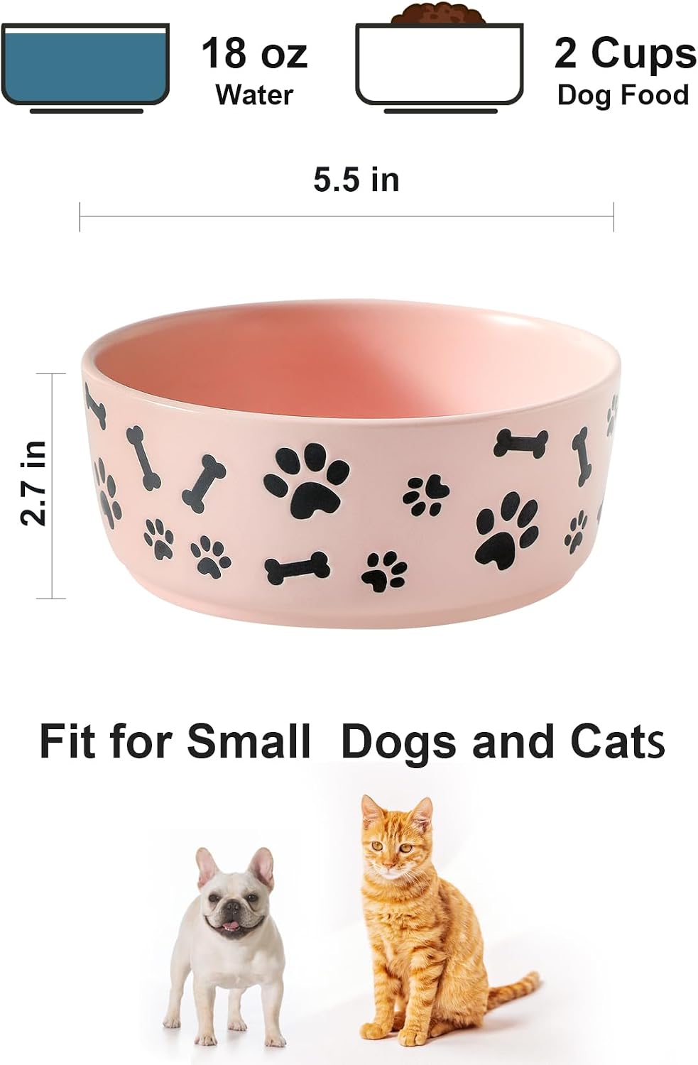 UBEE Ceramic Dog Bowl Set of 2, 5.5 inch Dog Food Bowl Dish with Bone Paw Pattern, Pet Food Water Dish Feeding Plates for Small Dogs, Puppy and Cat, Pink