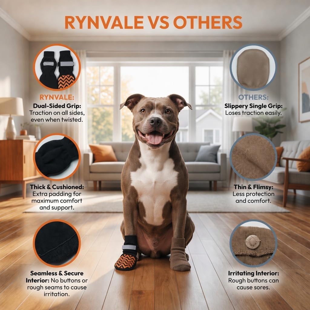 RYNVALE Dog Traction Socks to Prevent Licking and Slipping for Senior Dogs | Non Slip, Heat Insulation and Keep Warm, Paw Protectors Double-Sided Traction, Washable, 4 Pack XS
