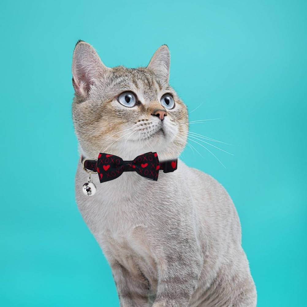 3PCS Valentines Day Cat Collar with Bow Tie and Bell Heart Love Red Lips Kiss XOXO Pattern for Small Medium Large Kitten Black Pink and Red