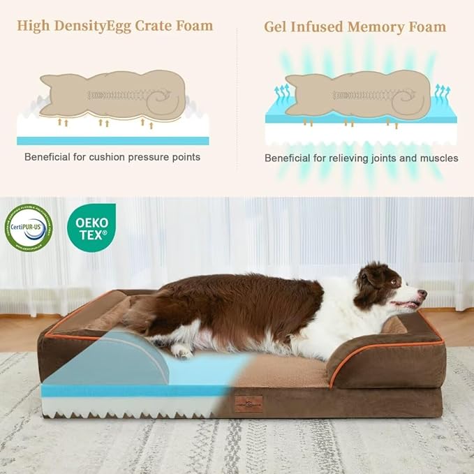 Comfort Expression Orthopedic Dog Bed for Extra Large Dogs 45x35 Inch, Waterproof Supportive Memory Foam XL Pet Bed with Removable Bolster, Dog Couch with Washable Cover & Non-Slip Bottom, Khaki Brown