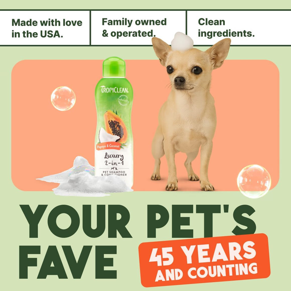 TropiClean 2-in-1 Dog Shampoo and Conditioner, Professional Dog Shampoo, Moisturizing Detangler, Puppy Safe, Made in USA, Papaya Scent, 1 Gallon