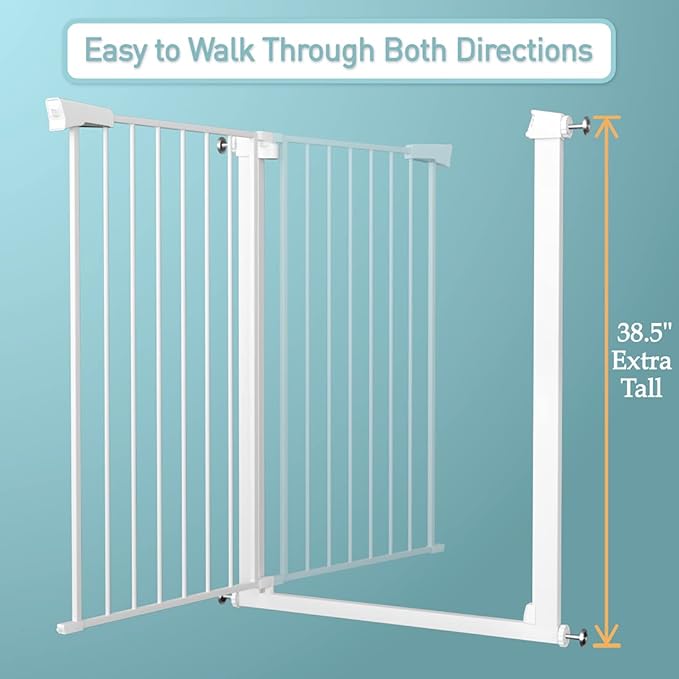 Fairy Baby 38" Extra Tall Dog Gates Indoor, 81.9"-84.6" Extra Wide Baby Gates for Large Openings, Metal Auto Close Safety Child Gate Indoor, Pressure Mounted Pet Gate No Climb Fence, White