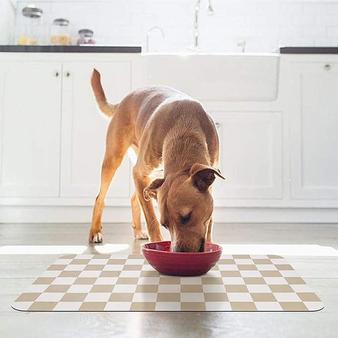 Checkered Dog Food Mat, Absorbent Leak-Proof Pet Feeding Mat, Quick Dry Cat Food Mat for Messy Drinkers 16" x 24" Khaki