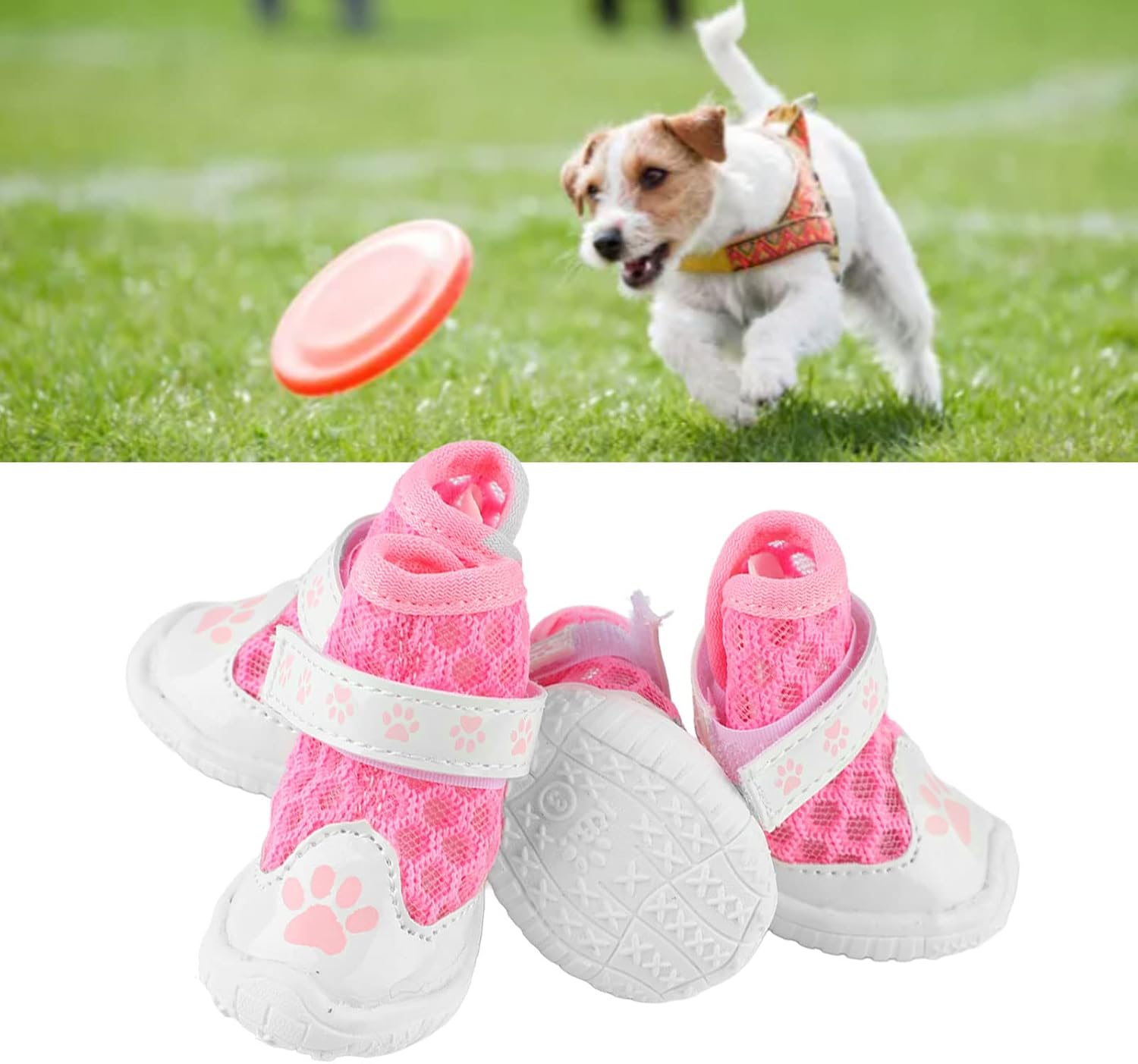 TITA-DONG 4pcs Mesh Dog Shoes, Breathable Dog Boots for Summer Hot Pavement, Cute Comfortable Slip Resistant Dog Boots Paw Protectors with Breathable Rubber Sole for Small Medium Large Dogs(Pink)