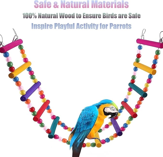 Bird Toys for Parrots Parrot Bridge, Swing Toys, and Ladders for Macaws, African Greys, Budgies, Cockatiels & Parakeets - Wooden Bird Ladder and Swing Toys for Play and Training (45Inch - 18 Ladders)
