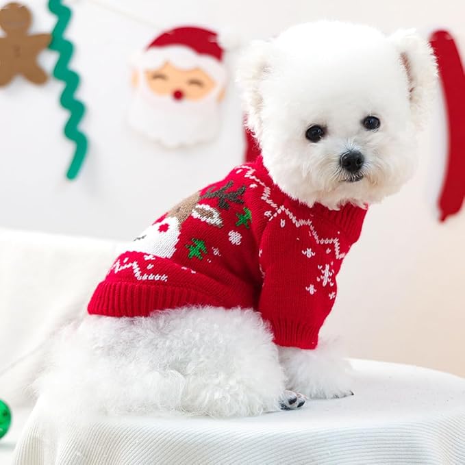 Christmas Dog Outfit Red Puppy Sweater for Small Dogs Girl Boy Elk Snowflake Cat Knitwear Reindeer Knitted Pet Clothes Santa Deer Costume for Chihuahua Yorkie Poodle (Red-2, Small)