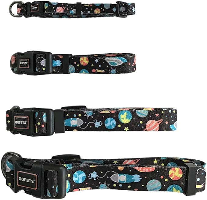 QQPETS Adjustable Soft Dog Collar: Print Flower Pink Multicolor Cute Patterns for XS Small Medium Large Pet Girl Boy Puppy Walking Running Training (L, Space)
