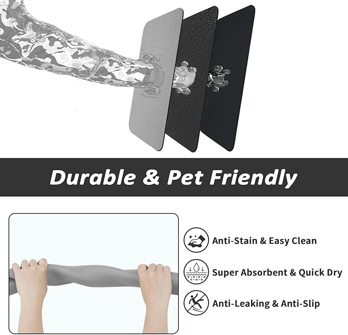 Dog Food Mat - Absorbent Cat Mat for Food and Water, No Stains Pet Feeding Bowl Mat, Easy to Clean Pet Placemats, Quick Dry Dog Water Dispenser Mat for Messy Drinkers | Grey 12"x 19"