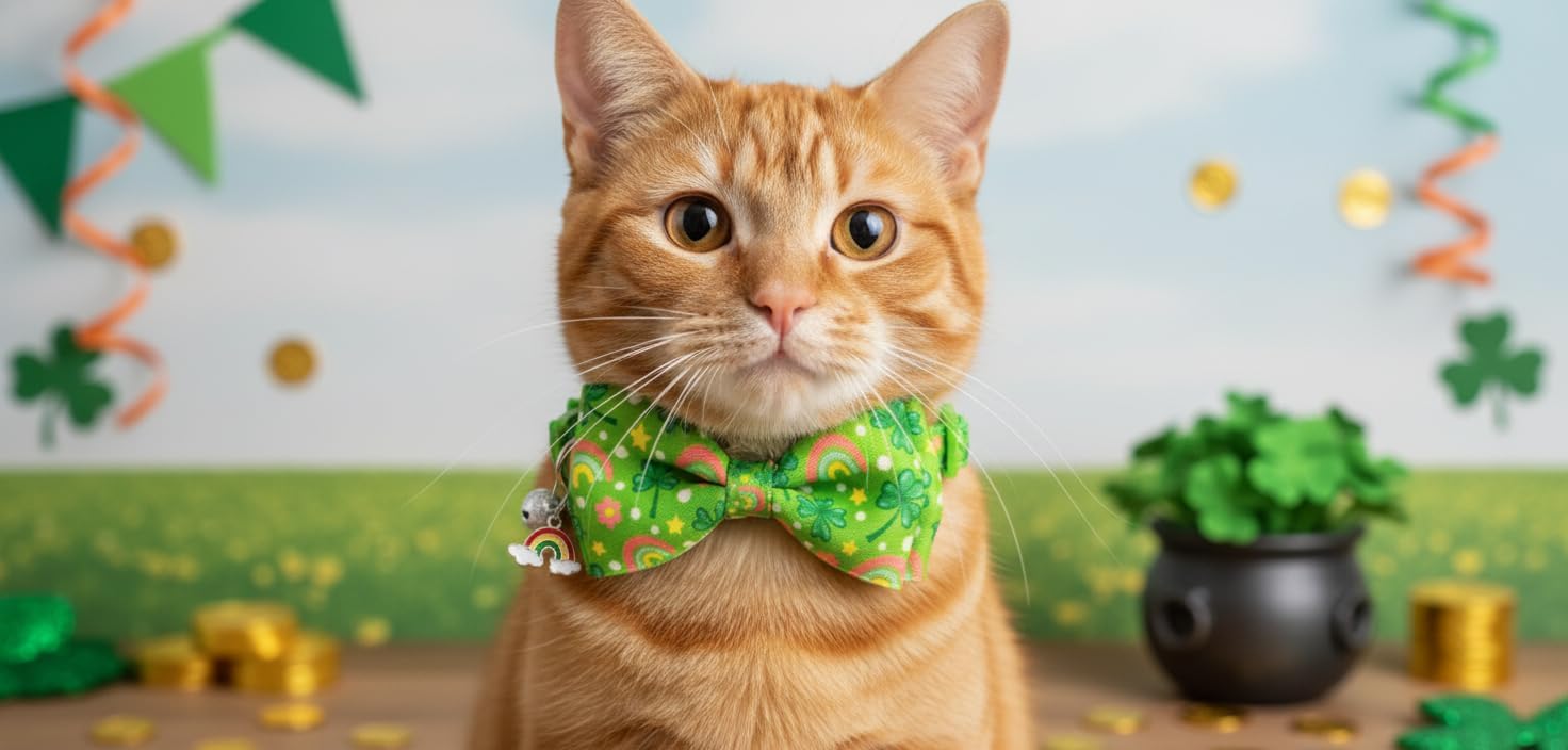 St. Patrick’s Day Cat Collar Set 2Pack Adjustable Breakaway Cat Collars with Bow Tie & Bell, Green Four-Leaf Clover Kitty Collars for Holiday Costume, Safe & Comfortable for Cats and Kittens