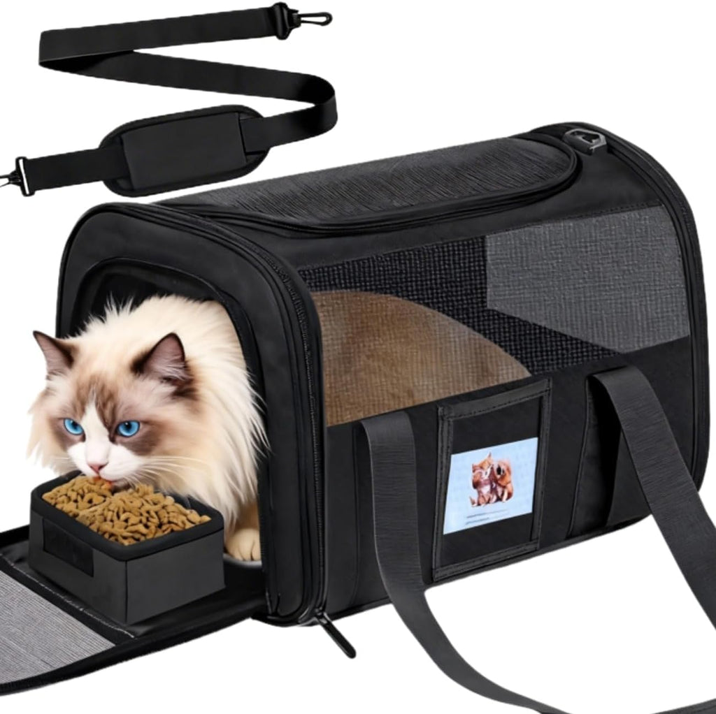 Large Soft Cat Carrier with Detachable Food Bowl,Pet Bag (Up to 28 lbs) | Puppy Kennel with Lockable Zippers for Small Dog, Kitten,Medium Travel Carrying Case for Car Airline Transport,Black