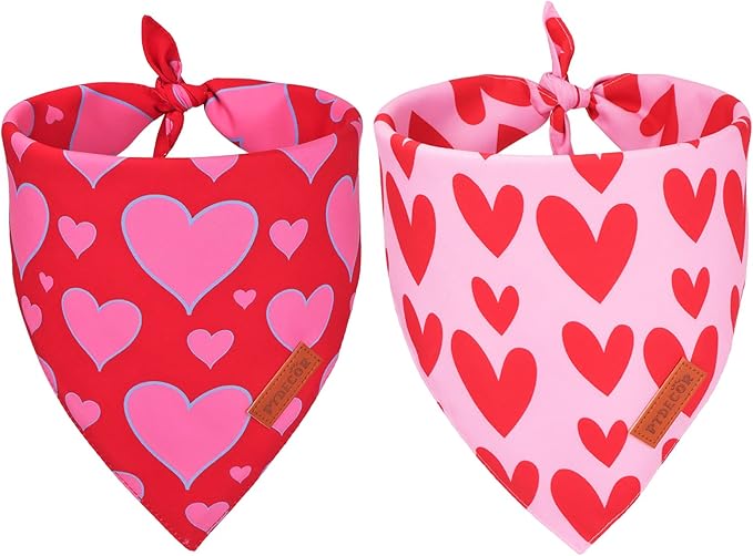 PTDECOR Valentine Dog Bandana, Reversible Valentine Pet Scarf, Multi Size, Red Heart Bandanas for Medium Large Dogs (Large)
