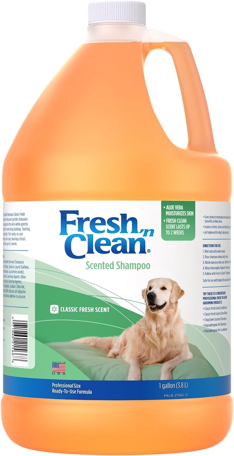 PetAg Fresh ’n Clean Scented Shampoo, Classic Fresh Scent - 1 Gallon - Moisturizes with Vitamin E & Aloe Vera - Strengthens & Repairs Coats - Soap Free
