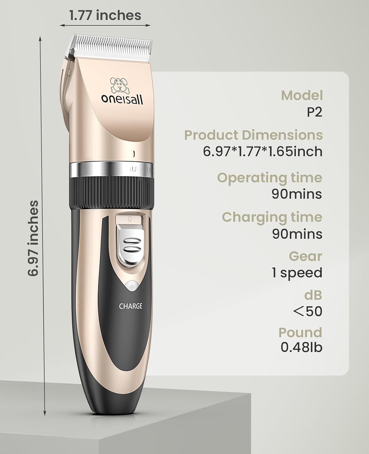 oneisall Dog Clippers Grooming Kit for Dogs Cats Pets | Low Noise, Rechargeable Cordless, Long Battery Life, Simple for Beginners, 6 Guide Combs, Removable & Rinsable Blade