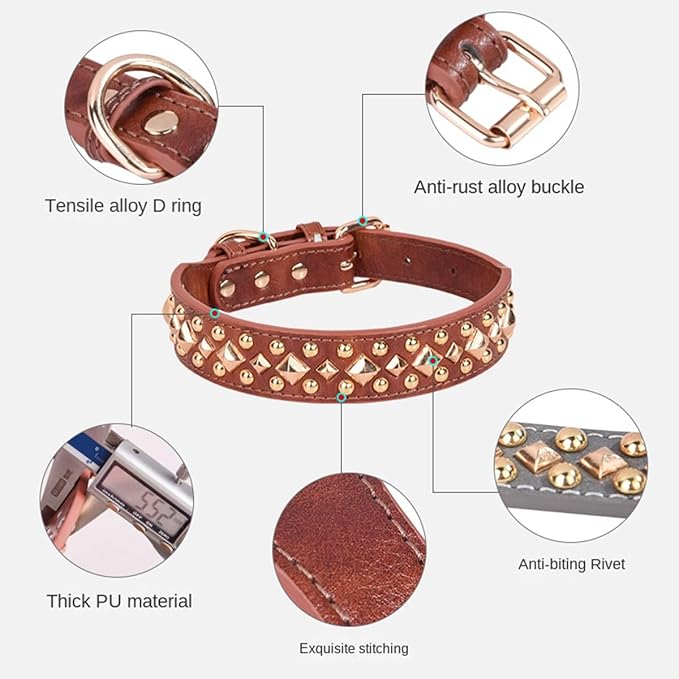 Spiked Dog Collar Soft Pu Leather Mushrooms Rivet Spike Studded Puppy Adjustable Pet Collars for Small Breeds (M, Brown3)