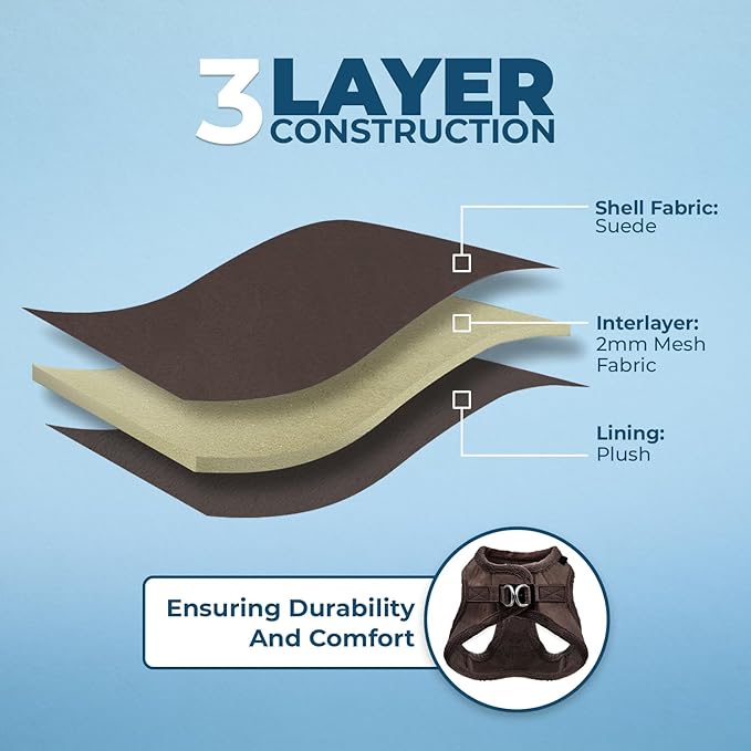 Best Pet Supplies - All Weather Plush, Reflective, No Pull Harness for Small, Medium Dogs, Cats - Secure with Hook & Loop Fastener, Buckle, Double D-Rings - Chocolate Suede, L