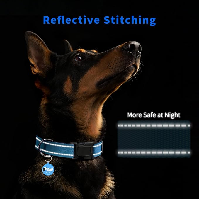 Reflective Dog Collar for Medium Dogs with Dog Tags Personalized & Quick Release Buckle, Adjustable and Comfortable Nylon Pet Collar, Blue