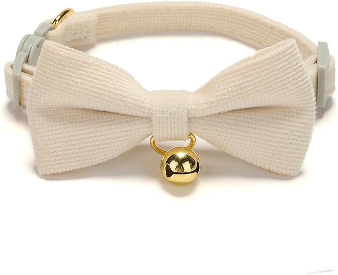 2 Pack Soft Corduroy Cat Collars with Bow Tie & Bell, Adjustable Breakaway Cotton Kitty Bowtie Collar for Female Male Cats(White & Blue)