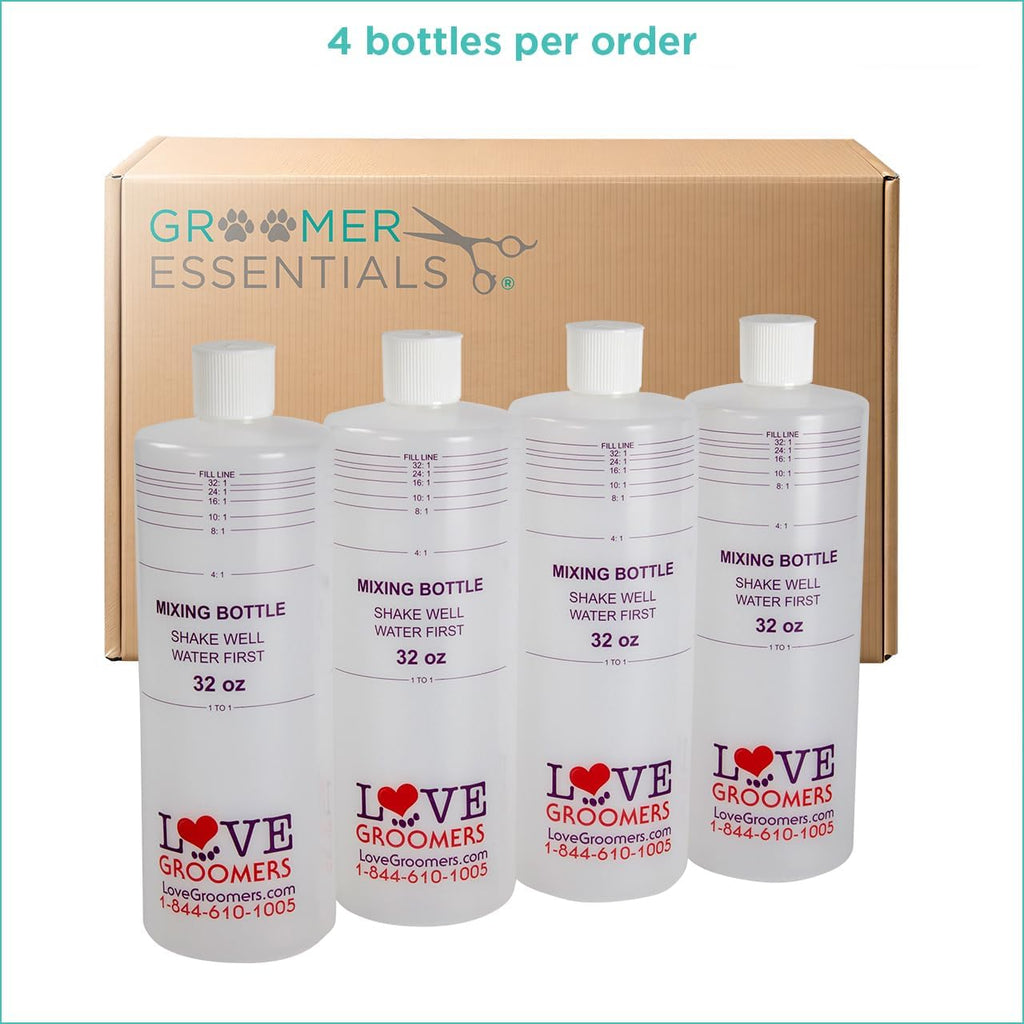Groomer ESSENTALS 32oz Dilution Bottles - Set of 4 - Professional Dog Grooming Mixing Bottles for Shampoo, Conditioner, and Solutions