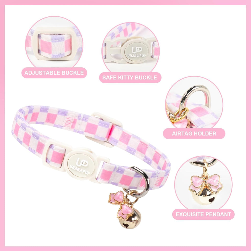 Cat Collar, 2Pack Pink Floral and Purple Plaid Pattern Cats Collars-Cute Summer Breakaway Cat Collar with Bell & Pendant, Pretty Plaid Kitten Collars for Girl & Boy Cats, 7-12Inch