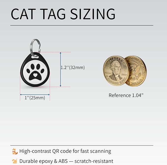 QR Code Cat ID Tag for Collar, Smart Pet ID with Free Online Profile, Instant Scan to Contact Owner, Silent Anti-Lost Cat Tag, No App or Subscription, Black 1”