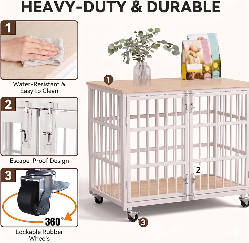 KOKOTANGS 42" Dog Crate Furniture, Heavy Duty Dog Kennel Indoor for Large Dogs, Escape-Proof and Chew-Proof Wooden Dog Cage for high Anxiety Dog, Decorate House as TV Stand, End Table, White
