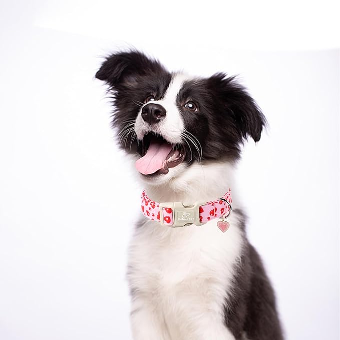 Valentines Dog Collar, Cute Pink Dog Collar with Red Heart Printed, Comfortable Girl Puppy Collar with Quick Release Plastic Buckle, Large