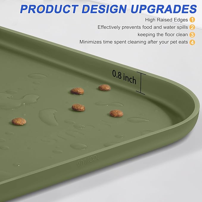 Silicone Pet Feeding Mat with Raised Edge for Food and Water, Dog Bowl Mats, Cat Bowls Placemat with High Lip for Floor Waterproof, Rubber Tray for Cats and Dogs 24 x 16 x0.8 Light Olive Green