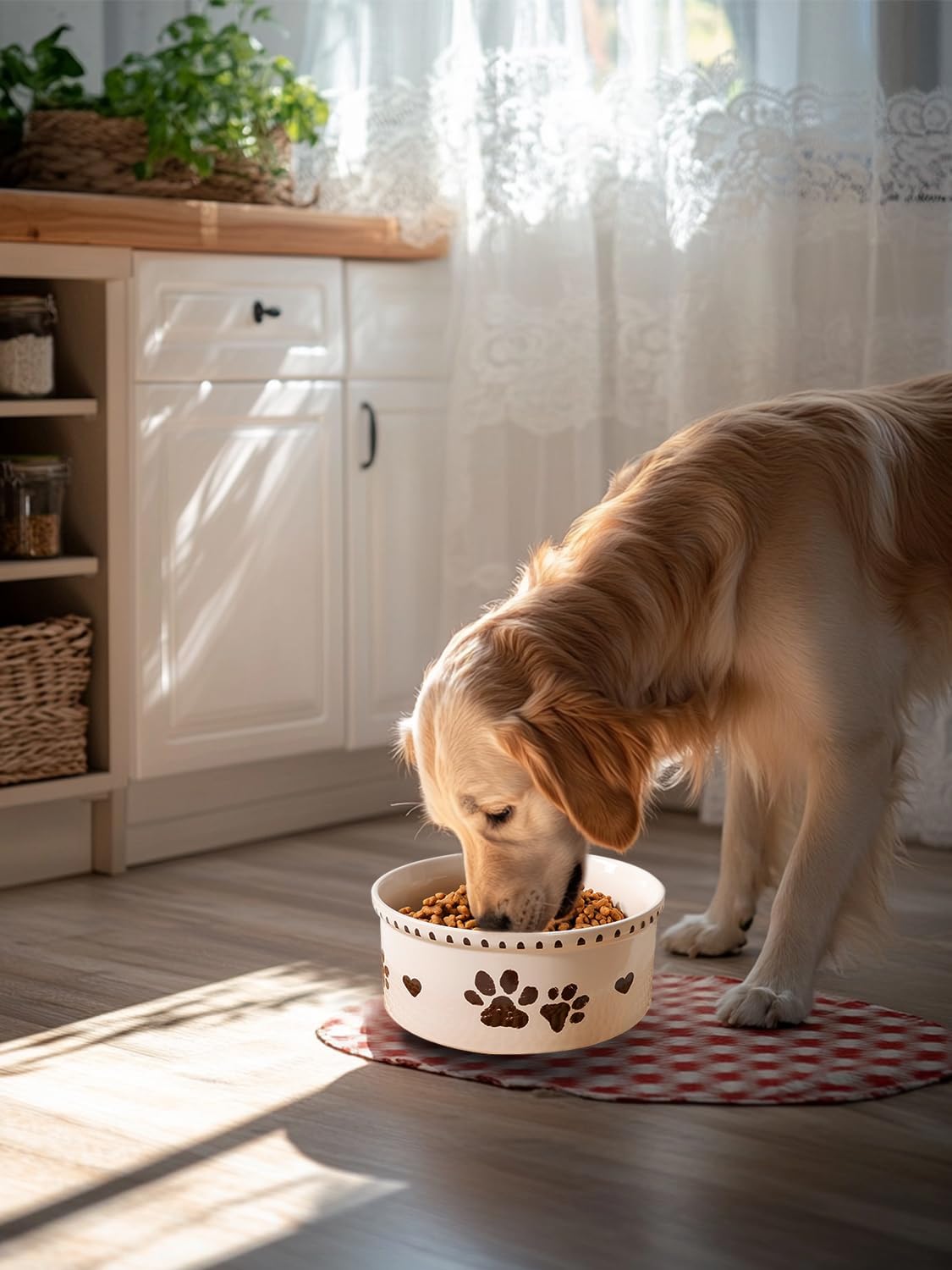 Ceramic Dog Bowl 55oz Heavy Duty Pet Food and Water Bowl for Medium Large Dogs Non Slip Weighted Dog Dish with Paw Print and Heart Design Easy to Clean