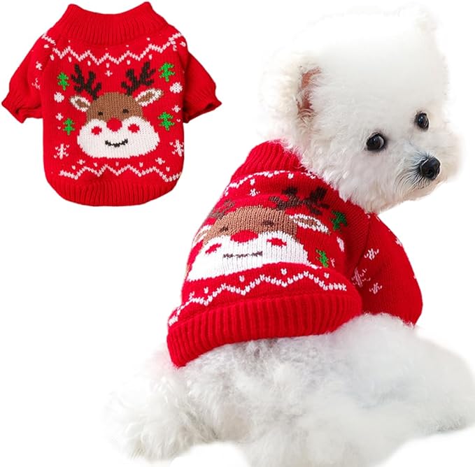 Christmas Dog Outfit Red Puppy Sweater for Small Dogs Girl Boy Elk Snowflake Cat Knitwear Reindeer Knitted Pet Clothes Santa Deer Costume for Chihuahua Yorkie Poodle (Red-2, X-Large)