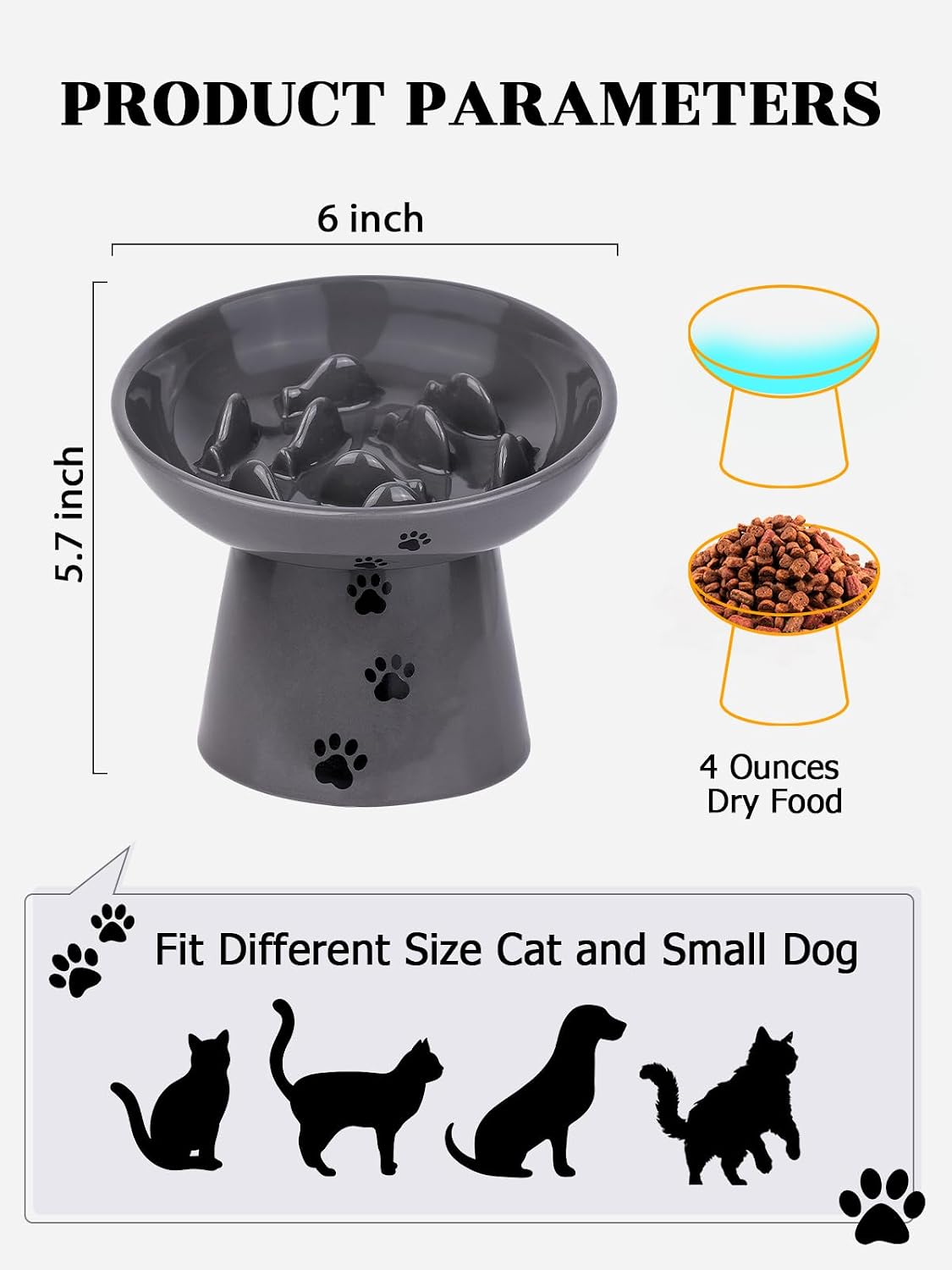 Y YHY Slow Feeder Cat Bowl, Ceramic Cat Slow Feeder Bowl, 6 Inches, Elevated, Anti Vomiting for Dry and Wet Food, Gray