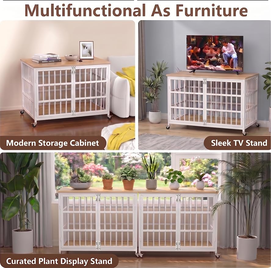KOKOTANGS 42" Dog Crate Furniture, Heavy Duty Dog Kennel Indoor for Large Dogs, Escape-Proof and Chew-Proof Wooden Dog Cage for high Anxiety Dog, Decorate House as TV Stand, End Table, White