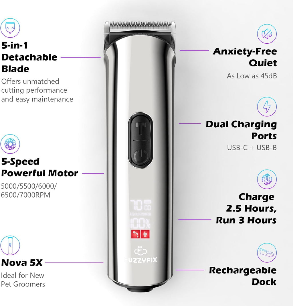 Professional Dog Grooming Clippers with Charging Dock, 5-in-1 Adjustable Blade Cordless Pet Grooming Kit 5 Speed Rechargeable Trimmer Hair Shaver with Detachable Metal Guide Combs for Animal
