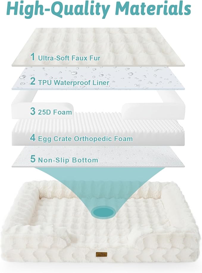 Self Warming Dog Bed for Large Size Dog, Faux Fur Orthopedic Puppy Sofa with Washable Removable Cover, Bolster Orthopedic Egg Crate Foam Bed for Pet Up to 100 lbs, XL 44x32x7 inch, Beige