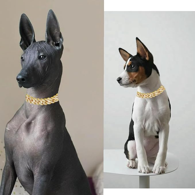 Dog Chain Designer Gold Crystal Pet Collar Cuban Link Chain with Secure Buckle Luxury Adjustable Necklacefor Small Medium Large Dogs Cats(Glod 22inch)
