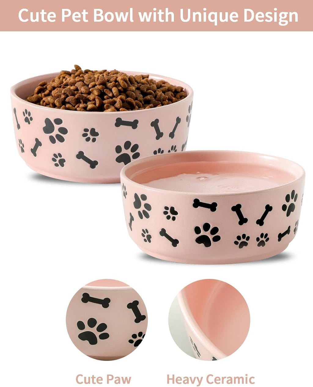 UBEE Ceramic Dog Bowl Set of 2, 5.5 inch Dog Food Bowl Dish with Bone Paw Pattern, Pet Food Water Dish Feeding Plates for Small Dogs, Puppy and Cat, Pink