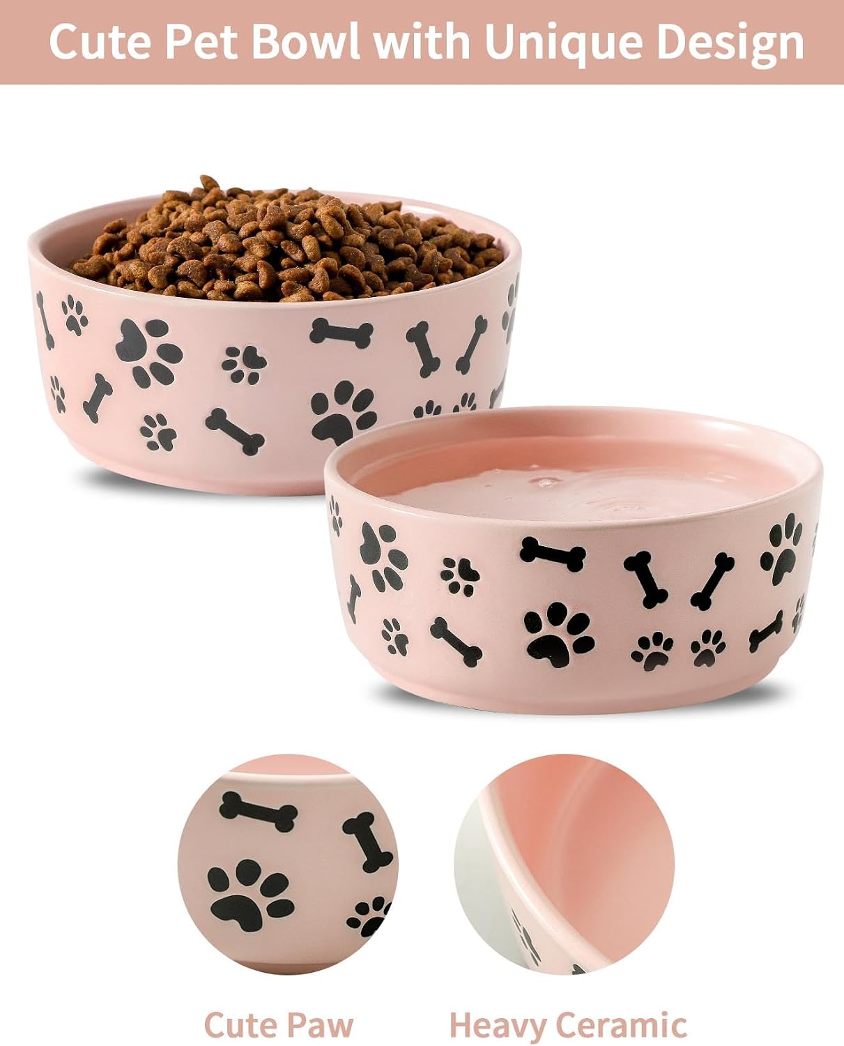 UBEE Ceramic Dog Bowl Set of 2, 5.5 inch Dog Food Bowl Dish with Bone Paw Pattern, Pet Food Water Dish Feeding Plates for Small Dogs, Puppy and Cat, Pink